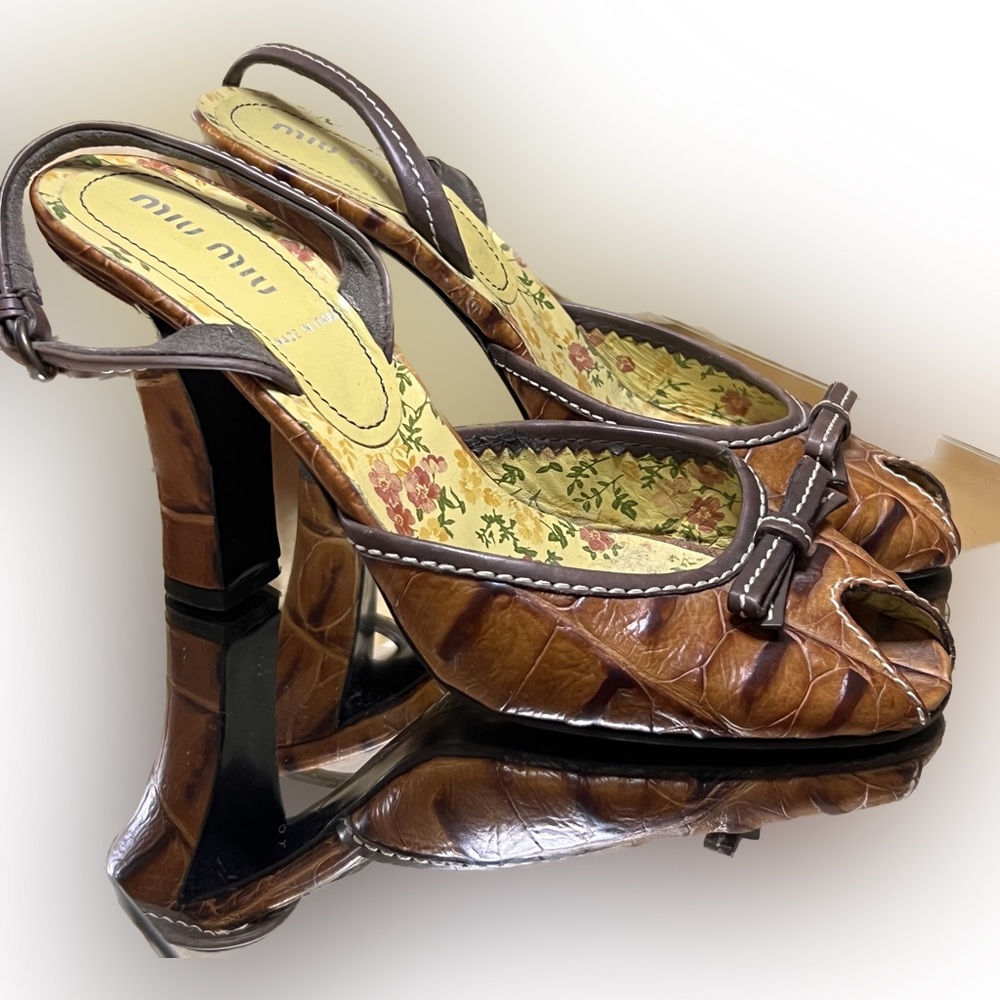 Rare Miu Miu Brown Croc Leather High Heeled Slingback Mules - 36.5 - Picture 2 of 7